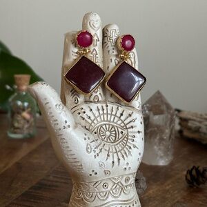 Elegant Deep Burgundy Natural Stone Earrings with Golden Frame